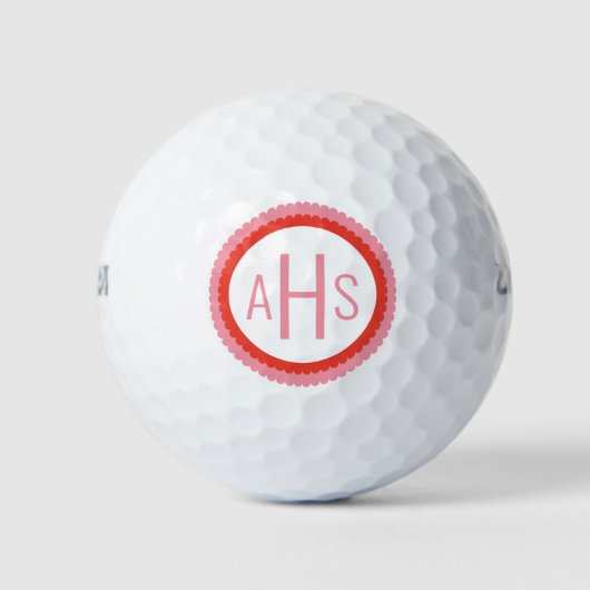 Roze en Rood geschulpte Drie Lettermonogram Golfballen (Voorkant)