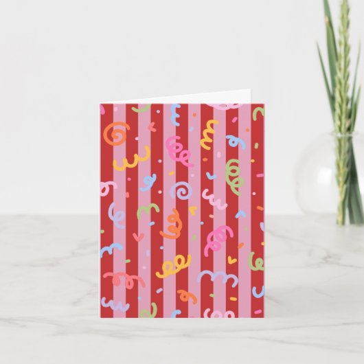 Roze en rood gestreept, met confetti-design kaart (Voorkant)