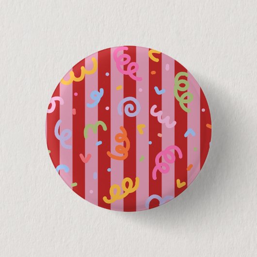 Roze en rood gestreept, met confetti-design ronde button 3,2 cm (Voorkant)