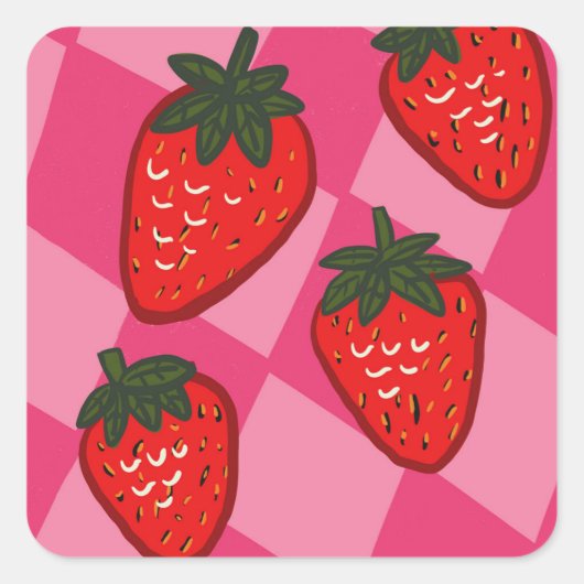 Roze en Rood Handgetekend Aardbei Geruit Vierkante Sticker (Voorkant)