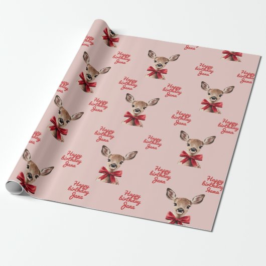 Roze en rood herten inpakpapier | Woodland Birthda (Uitgerold)