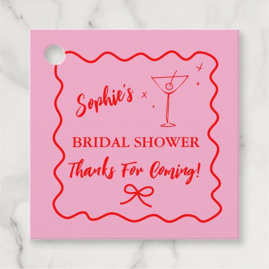 Roze en Rood Retro Golvende Bruidsdouche Martini Bedankjes Labels (Voorkant)