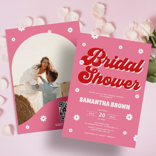 Roze en Rood Retro Groovy Vrijgezellenfeest Kaart