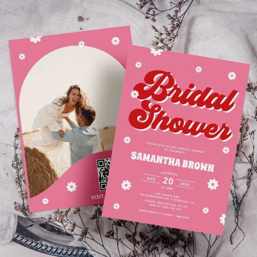 Roze en Rood Retro Groovy Vrijgezellenfeest Kaart