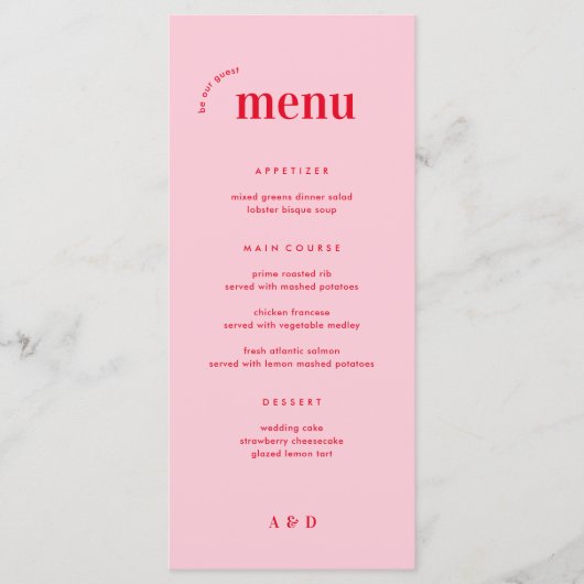 Roze en Rood Retro Jaren 70 Huwelijksmenu & Bar Me Menu (Voorkant)
