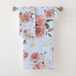 Roze en room op blauwe  Floral Bad Handdoek
