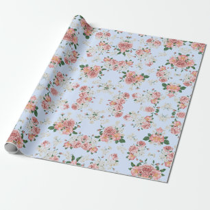 Roze en room op blauwe  Floral Cadeaupapier