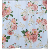 Roze en room op blauwe Floral Douchegordijn (Voorkant)