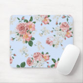 Roze en room op blauwe  Floral Muismat (Met muis)