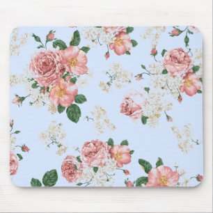 Roze en room op blauwe  Floral Muismat