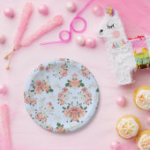 Roze en room op blauwe  Floral Papieren Bordje (Feest)