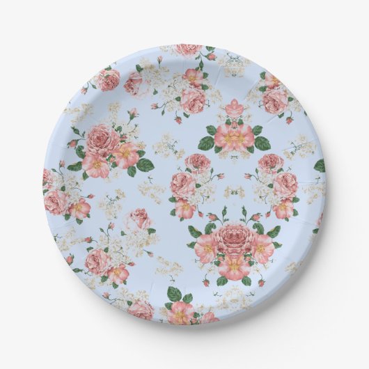 Roze en room op blauwe  Floral Papieren Bordje (Voorkant)