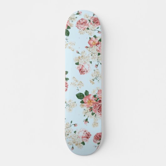 Roze en room op blauwe  Floral Persoonlijk Skateboard (Voorkant)