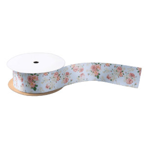 Roze en room op blauwe Vintage Floral    Satijnen Lint