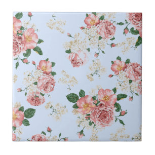 Roze en room op blauwe Vintage Floral Tegeltje