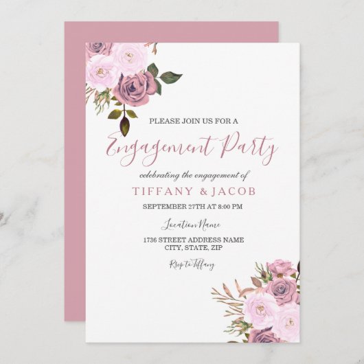 Roze en Roos Gold Engagement Party nodigt uit Kaart (Voorkant / Achterkant)