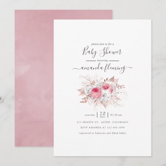 Roze en Roos Gold Floral Baby shower Kaart (Voorkant / Achterkant)