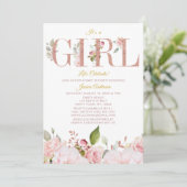 Roze en Roos Gold Floral Baby shower Kaart (Staand voorkant)
