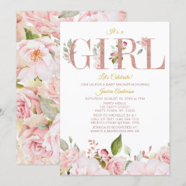 Roze en Roos Gold Floral Baby shower Kaart