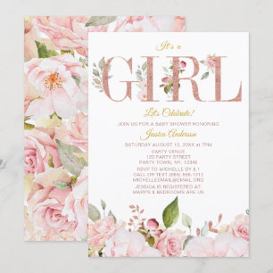 Roze en Roos Gold Floral Baby shower Kaart