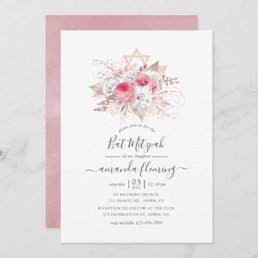 Roze en Roos Gold Floral Bat Mitzvah Kaart (Voorkant / Achterkant)