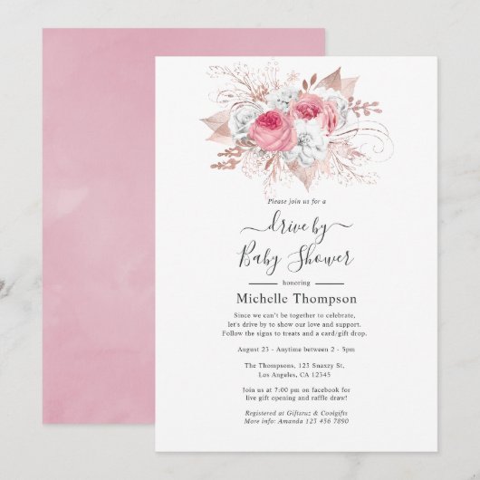 Roze en Roos Gold Floral drive by Shower Kaart (Voorkant / Achterkant)