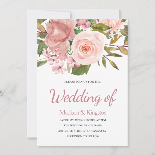 Roze en Roos Gold Floral Elegant Wedding Invite Kaart (Voorkant)