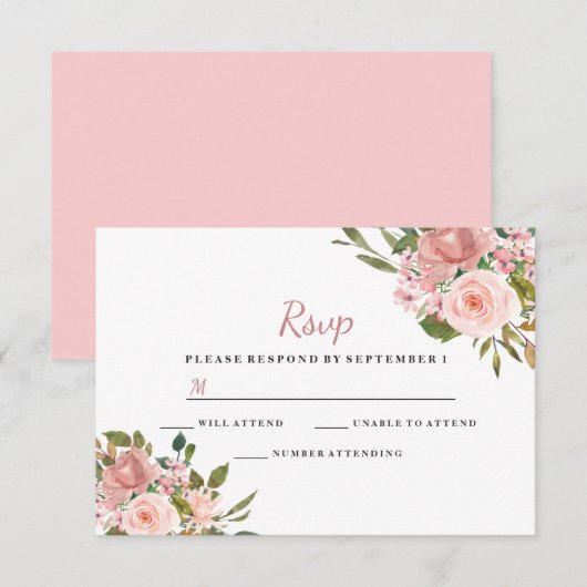 Roze en Roos Gold Floral Elegant Wedding RSVP (Voorkant / Achterkant)