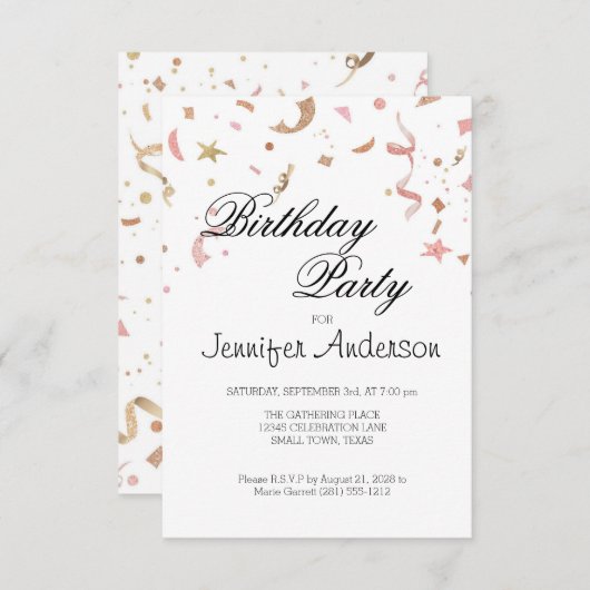 Roze en Roos Gold Glitter Confetti Invitation (Voorkant / Achterkant)
