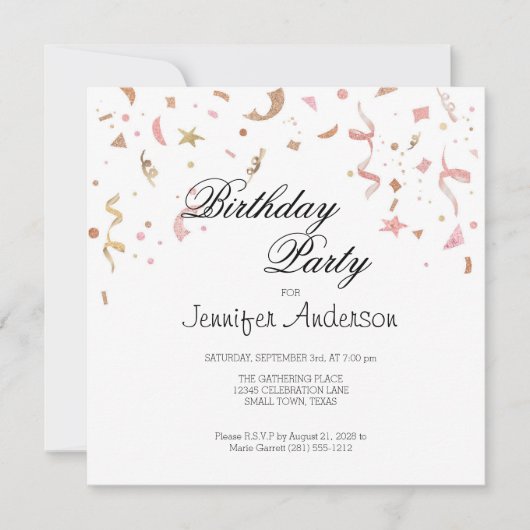 Roze en Roos Gold Glitter Confetti Invitation (Voorkant)