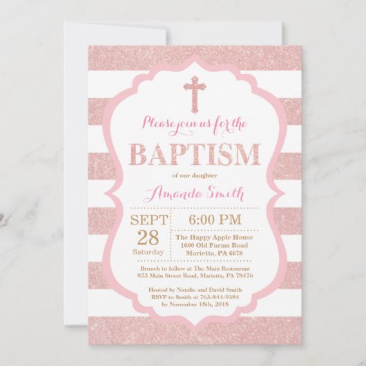 Roze en Roos Gold Pink Glitter Baptism Uitnodiging (Voorkant)