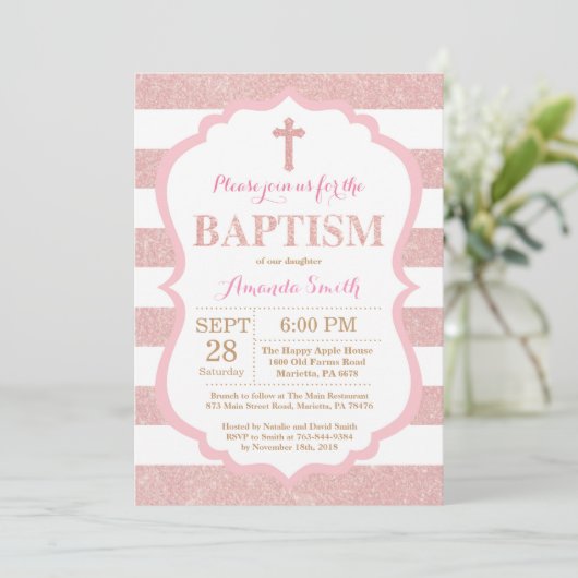 Roze en Roos Gold Pink Glitter Baptism Uitnodiging (Staand voorkant)