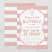 Roze en Roos Gold Pink Glitter Baptism Uitnodiging (Voorkant / Achterkant)