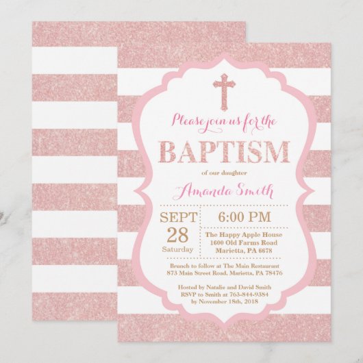 Roze en Roos Gold Pink Glitter Baptism Uitnodiging (Voorkant / Achterkant)