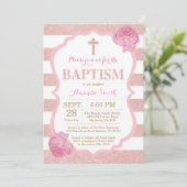 Roze en Roos Gold Pink Glitter Baptism Uitnodiging (Staand voorkant)