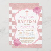 Roze en Roos Gold Pink Glitter Baptism Uitnodiging (Voorkant / Achterkant)