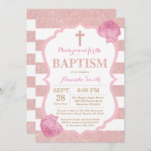 Roze en Roos Gold Pink Glitter Baptism Uitnodiging (Voorkant / Achterkant)