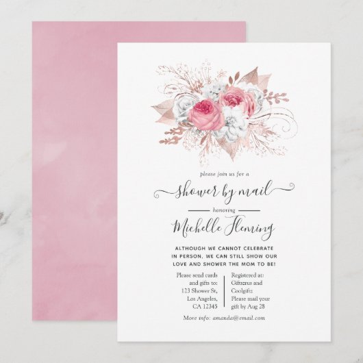 Roze en Roos Goud Bloemen Baby shower per Mail Kaart (Voorkant / Achterkant)