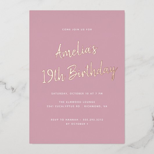 Roze en Roos Goud | Modern Elke leeftijd Verjaarda Folie Uitnodiging (Voorkant)