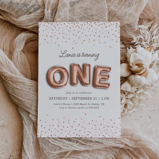 Roze en Roos Gouden Ballon Glitter 1e Verjaardag Kaart