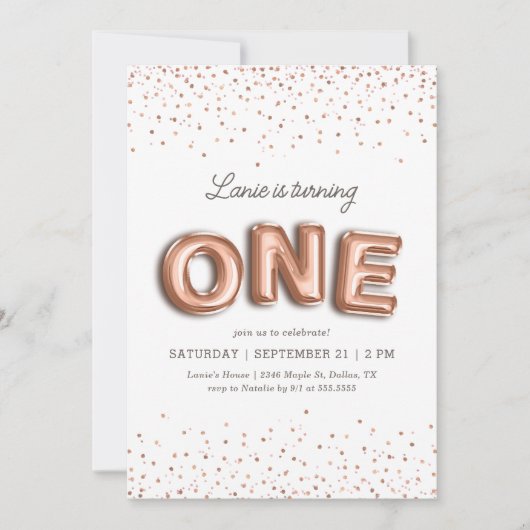 Roze en Roos Gouden Ballon Glitter 1e Verjaardag Kaart (Voorkant)