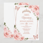 Roze en Roos Gouden Quinceañera Invitation Kaart (Voorkant / Achterkant)