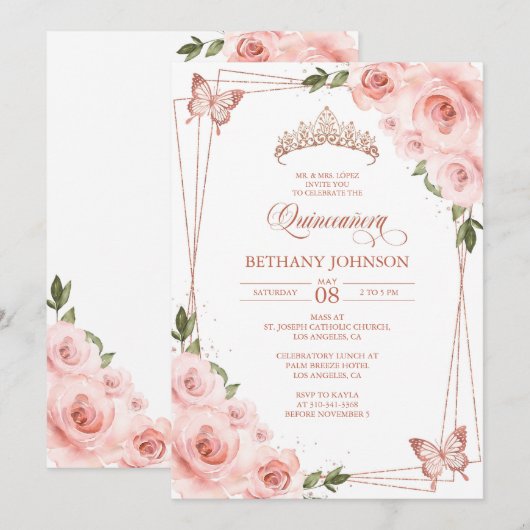 Roze en Roos Gouden Quinceañera Invitation Kaart (Voorkant / Achterkant)