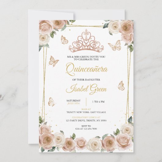 Roze en Roos gouden Quinceañera Kaart (Voorkant)