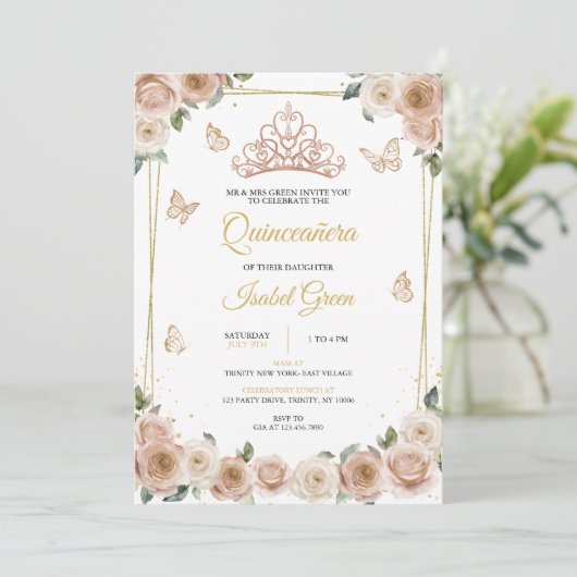 Roze en Roos gouden Quinceañera Kaart (Staand voorkant)