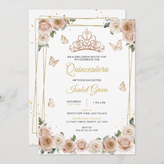 Roze en Roos gouden Quinceañera Kaart (Voorkant / Achterkant)