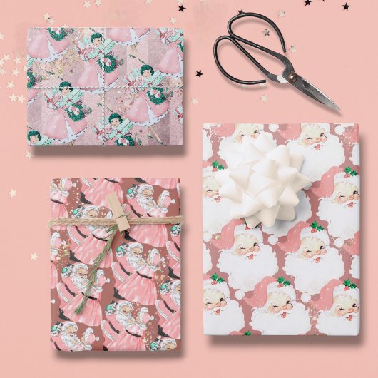 roze en roos  santa claus kerstcadeau inpakpapier vel