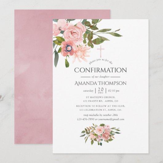 Roze en Roze Gouden Bloem Confirmation Kaart (Voorkant / Achterkant)