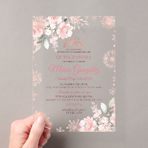 Roze en roze gouden bloem wintermeisje Quinceañera Acryl Uitnodigingen