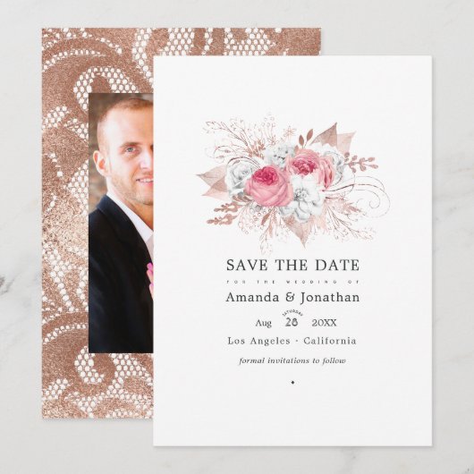 Roze en Roze Gouden Bloemen- en Kantbruiloft Save The Date (Voorkant / Achterkant)